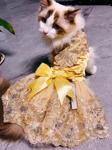 Bow Decor Floral Embroidered Pet Dress - Champagne - View 2