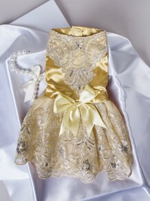Bow Decor Floral Embroidered Pet Dress - Champagne - View 3