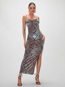 SHEIN BAE 巴洛克風格圖案垂領高衩吊帶緊身洋裝 - 彩色 - 查看 1