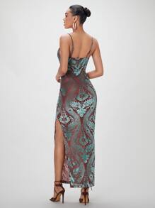 SHEIN BAE 巴洛克風格圖案垂領高衩吊帶緊身洋裝 - 彩色 - 查看 2