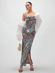 SHEIN BAE 巴洛克風格圖案垂領高衩吊帶緊身洋裝 - 彩色 - 查看 3