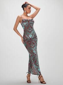SHEIN BAE 巴洛克風格圖案垂領高衩吊帶緊身洋裝 - 彩色 - 查看 4