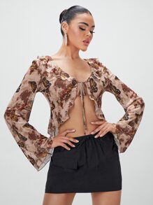 SHEIN BAE Tie Dye & Butterfly Print Tie Front Ruffle Trim Top - Multicolor - View 3