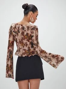 SHEIN BAE Tie Dye & Butterfly Print Tie Front Ruffle Trim Top - Multicolor - View 2