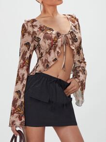 SHEIN BAE Tie Dye & Butterfly Print Tie Front Ruffle Trim Top - Multicolor - View 6