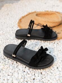 女士荷葉邊細節平底涼鞋優雅黑色露跟涼鞋