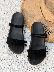 女士荷葉邊細節平底涼鞋優雅黑色露跟涼鞋