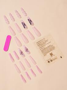 24 件长棺材 3D 仿珍珠装饰蝴蝶樱桃假指甲、1 件指甲锉和 1 片胶带，打造迷人指甲，美甲用品 - 彩色 - 查看 2