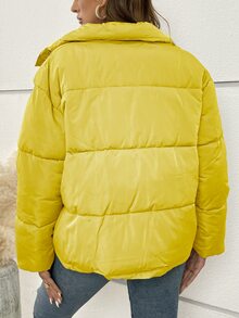 Drop Shoulder Slant Pockets Padded Coat - Yellow - View 2