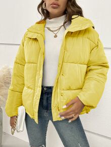 Drop Shoulder Slant Pockets Padded Coat - Yellow - View 3