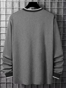 Manfinity Homme Men Letter Graphic Contrast Trim Tee Without Necklace, Fall, Long Sleeve Top - Grey - View 2
