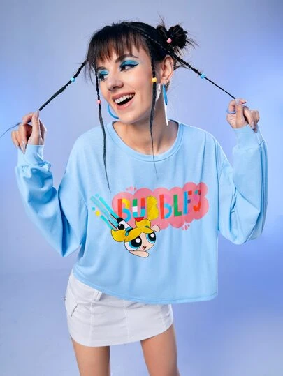 The Powerpuff Girls | ROMWE Letter Cartoon Graphic Drop Shoulder Tee