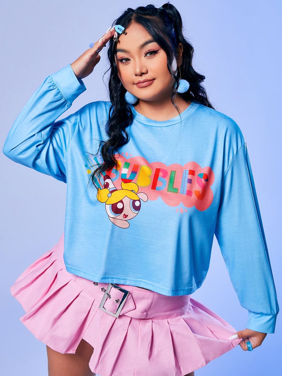 The Powerpuff Girls | ROMWE Plus Cartoon & Letter Graphic Drop Shoulder Tee - Blue - View 1