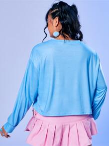 The Powerpuff Girls | ROMWE Plus Cartoon & Letter Graphic Drop Shoulder Tee - Blue - View 2