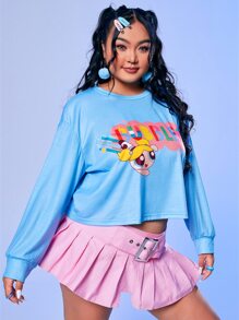 The Powerpuff Girls | ROMWE Plus Cartoon & Letter Graphic Drop Shoulder Tee - Blue - View 3