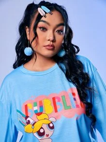 The Powerpuff Girls | ROMWE Plus Cartoon & Letter Graphic Drop Shoulder Tee - Blue - View 5