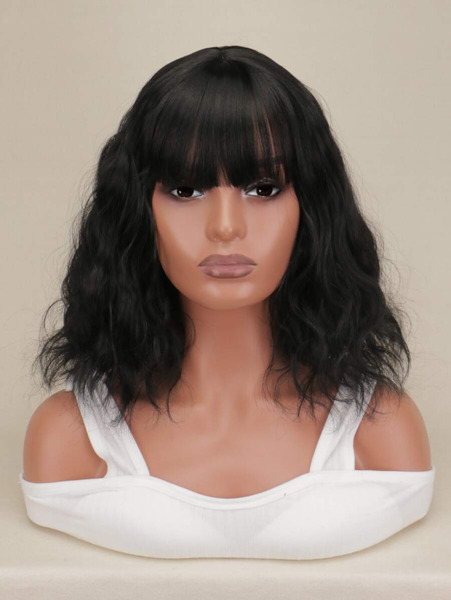 Tóc Giả Tổng Hợp Xoăn Ngắn Có Bangs - màu đen - Xem 1