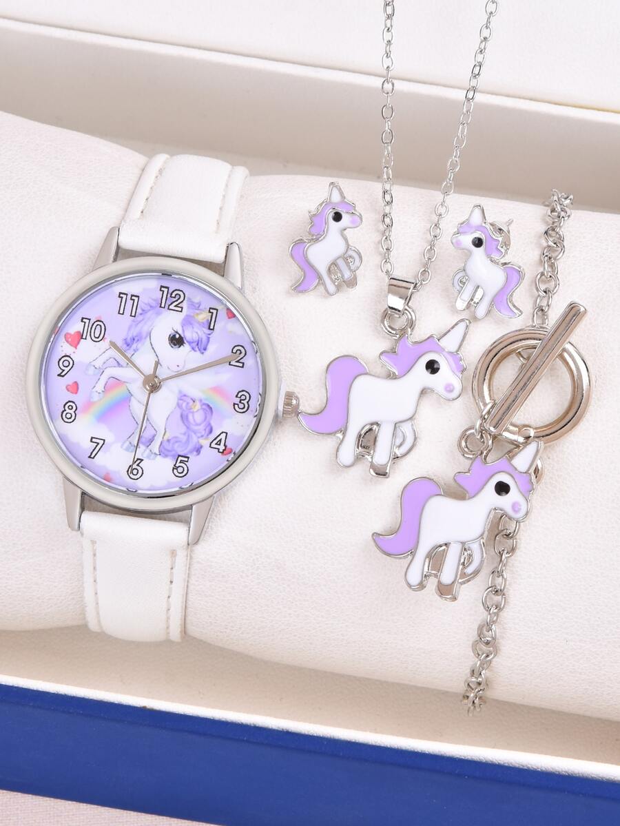 1pc Kids Unicorn Print Quartz Watch & 4pcs Jewelry Set - White - View 1