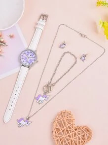 1pc Kids Unicorn Print Quartz Watch & 4pcs Jewelry Set - White - View 2