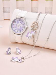 1pc Kids Unicorn Print Quartz Watch & 4pcs Jewelry Set - White - View 5