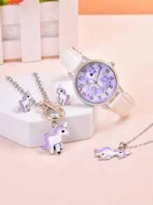 1pc Kids Unicorn Print Quartz Watch & 4pcs Jewelry Set - White - View 6