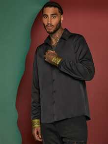 Manfinity Men Solid Button Front Shirt - Black - View 6