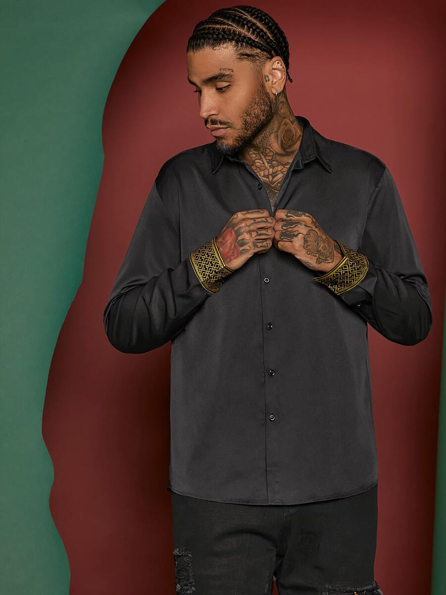 Manfinity Men Solid Button Front Shirt - Black - View 1