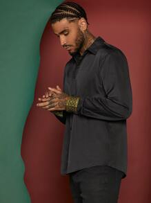 Manfinity Men Solid Button Front Shirt - Black - View 5