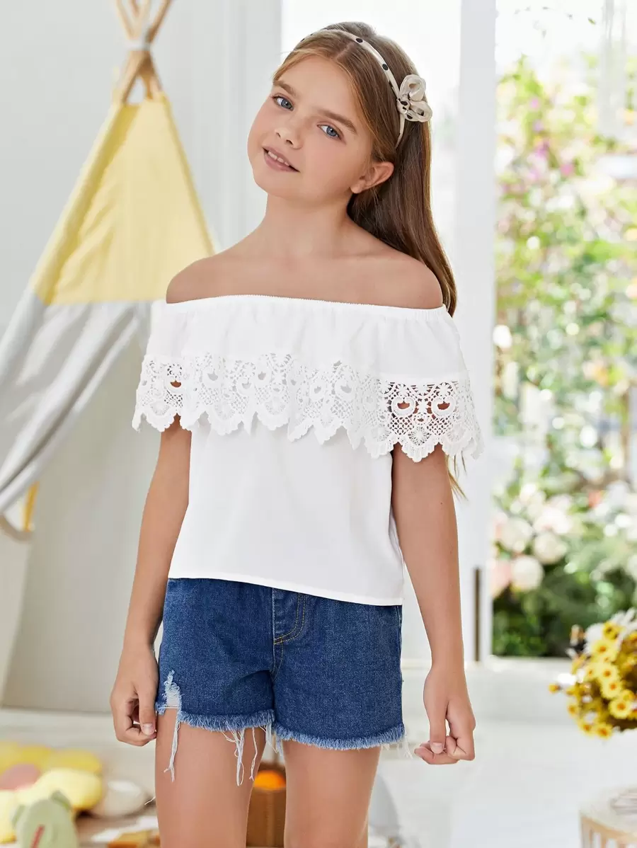 SHEIN Girls Contrast Lace Ruffle Trim Bardot Top - White - View 1
