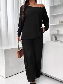SHEIN LUNE Plus Rhinestone Trim Drop Shoulder Tee & Trousers - Black - View 1