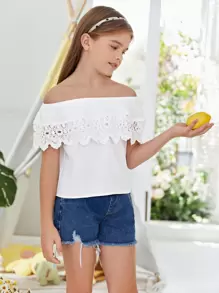 SHEIN Girls Contrast Lace Ruffle Trim Bardot Top - White - View 4