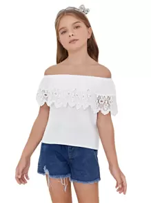 SHEIN Girls Contrast Lace Ruffle Trim Bardot Top - White - View 6