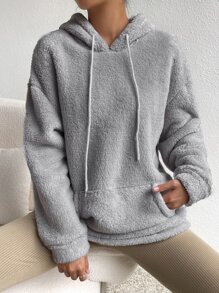 SHEIN EZwear Kangaroo Pocket Drop Shoulder Drawstring Teddy Hoodie - Grey - View 1