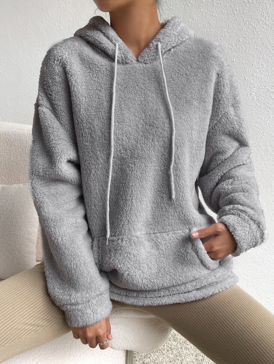 SHEIN EZwear Kangaroo Pocket Drop Shoulder Drawstring Teddy Hoodie - Grey - View 1