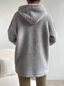 SHEIN EZwear Kangaroo Pocket Drop Shoulder Drawstring Teddy Hoodie - Grey - View 2