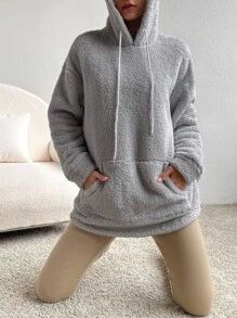 SHEIN EZwear Kangaroo Pocket Drop Shoulder Drawstring Teddy Hoodie - Grey - View 3
