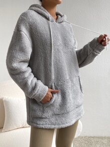 SHEIN EZwear Kangaroo Pocket Drop Shoulder Drawstring Teddy Hoodie - Grey - View 4