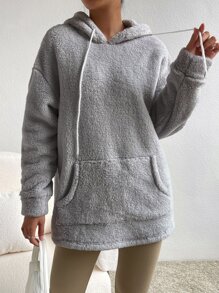 SHEIN EZwear Kangaroo Pocket Drop Shoulder Drawstring Teddy Hoodie - Grey - View 5