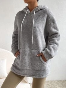 SHEIN EZwear Kangaroo Pocket Drop Shoulder Drawstring Teddy Hoodie - Grey - View 6