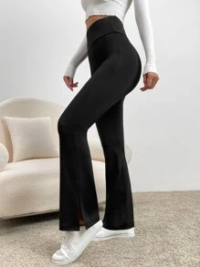 SHEIN EZwear 寬版腰帶下擺開叉喇叭褲 - 黑色 - 查看 1