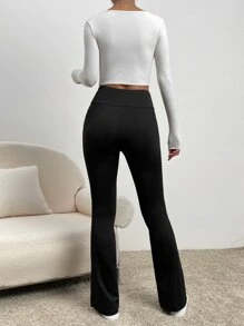 SHEIN EZwear 寬版腰帶下擺開叉喇叭褲 - 黑色 - 查看 2