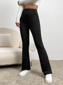 SHEIN EZwear 寬版腰帶下擺開叉喇叭褲 - 黑色 - 查看 6