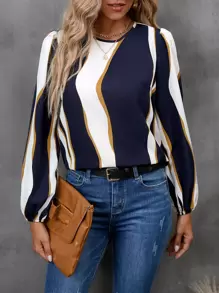 SHEIN Clasi Colour Block Lantern Sleeve Blouse - Blue and White - View 1