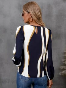 SHEIN Clasi Colour Block Lantern Sleeve Blouse - Blue and White - View 2