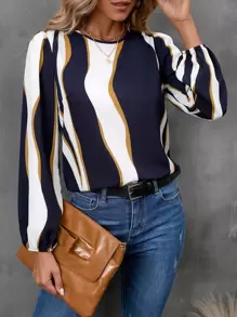SHEIN Clasi Colour Block Lantern Sleeve Blouse - Blue and White - View 4