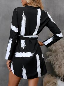 SHEIN Clasi Brush Print Notched Neckline Belted Dress - Black - View 2