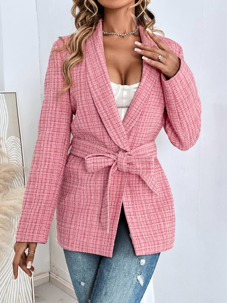 Plaid Print Shawl Collar Belted Overcoat - Pink - View 1