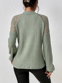 SHEIN Privé Guipure Lace Insert Raglan Sleeve Tee - Army Green - View 2