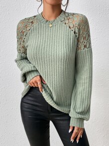 SHEIN Privé Guipure Lace Insert Raglan Sleeve Tee - Army Green - View 3