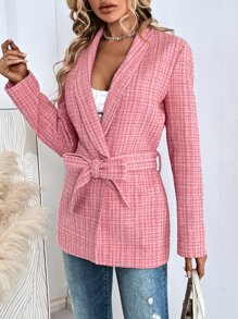Plaid Print Shawl Collar Belted Overcoat - Pink - View 3